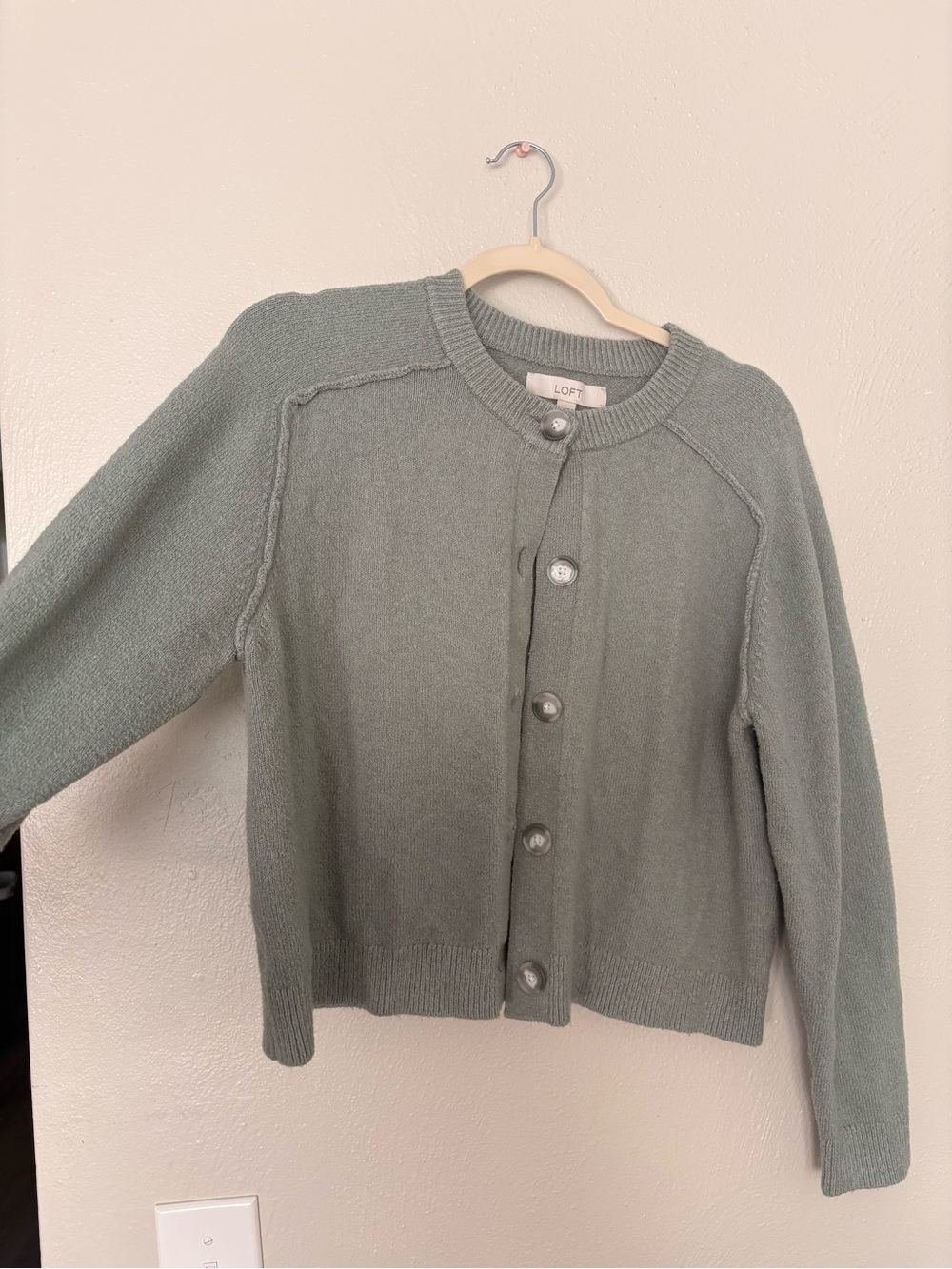 LOFT Soft Sage Crewneck Button Cardigan